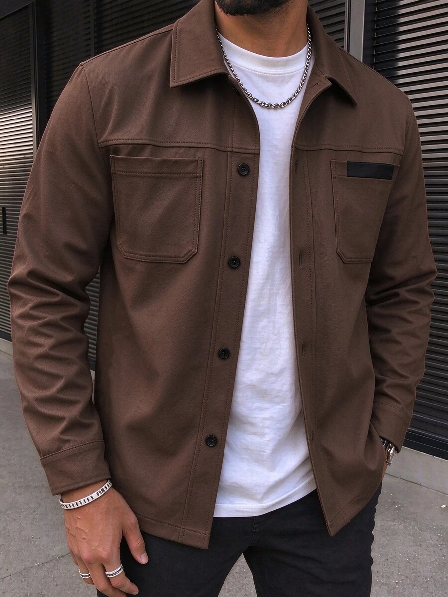 Manfinity Homme Men's Solid Color Casual Outdoor Slim Fit Jacket - Coffee Brown - View 1