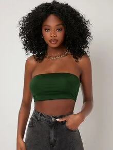 SHEIN BASICS 純色抹胸短版上衣/夏季外出夜生活黑色基礎簡約性感端莊簡單 - 墨綠色 - 查看 5