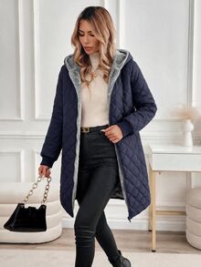 SHEIN Clasi 女款冬季保暖內裡連帽夾克 露營度假黑色休閒款 - 藏蓝色 - 查看 7