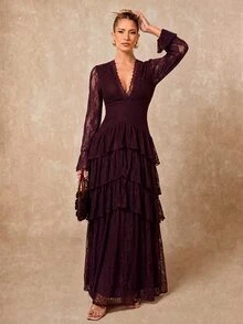 Lumalex Winter Fall Exquisite Luxury Lace Exaggerated Layered Trumpet Long Sleeve Fitted Dress Going Out Vacation Outfits Cruise Outfit For Women - Red Violet - View 2