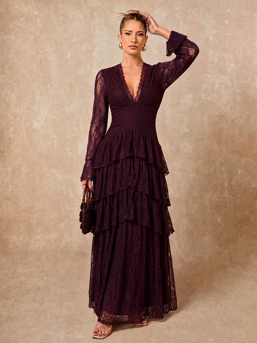 Lumalex Winter Fall Exquisite Luxury Lace Exaggerated Layered Trumpet Long Sleeve Fitted Dress Going Out Vacation Outfits Cruise Outfit For Women