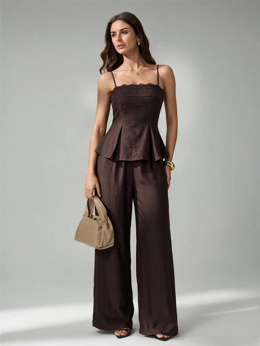 SHEIN Tall Women's Lace Patchwork Waist-Cinched Top + Pants 2 Pieces Set - Coffee Brown - View 1