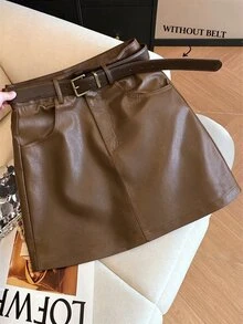 GlowEve 女款純色PU皮革時尚百搭日常休閒裙 - 棕色 - 查看 1