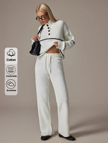 SHEIN Contrast Stripe Henley Neck Knit Lounge Set - White - View 7