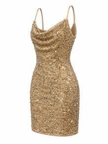 CAJUNI Sequin Dress With A Cowl Neckline, Featuring Sequins, Tulle, And Tropical Glitter, Perfect For End-Of-Year Parties And Christmas. - Champagne - View 6