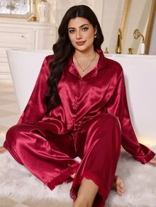MuseNap CURVE Women's Plus Size Pajama Set Elegant Back Lace Patchwork Design Loungewear - Burgundy - View 5