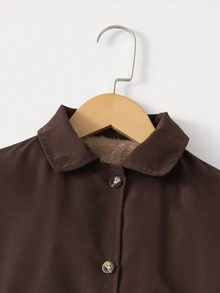 SHEIN 青少年女孩冬季抓絨連帽防風夾克外套，拉鍊開襟長袖，保暖內裡，收腰設計，經典寬鬆版型，米色，適合秋季 - 棕色 - 查看 6