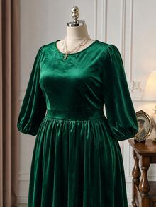 Rometta Ladies' French-Style Luxury Dark Green Velvet Waist-Cinched A-Line Flared Sleeve Spring-Autumn Plus-Size Dress Christmas - Dark Green - View 8