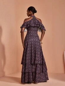 JIAN LASALA Knit Double Ruffle Layers Halter Neckline Multi Hemline Short Sleeve Long Dress Elegant - Multicolor - View 2