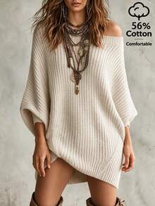 SHEIN New Spring Fall Coquette Diagonal Off Shoulder Chunky Knit Mini Dress Women Drop Shoulder Oversized - Apricot - View 7