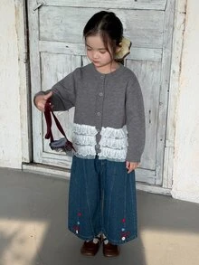 Dazy Kids Women's Round Neck Single-Breasted Lace Mesh Knit Cardigan - Grey - View 9