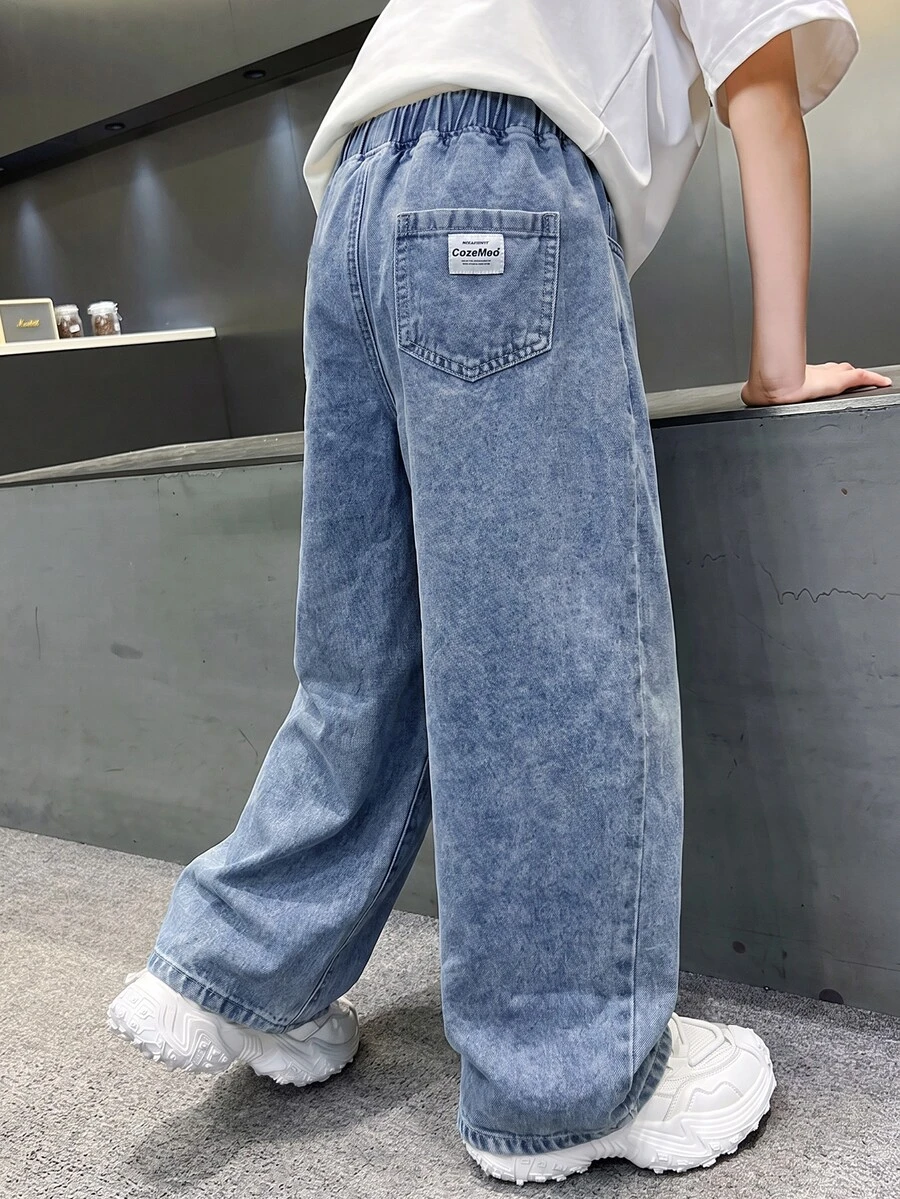Boys' Designer Silhouette Blue Denim Loose Fit Long Pants - Blue - View 1