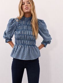 Nöista Plaid, Pleated Long-Sleeved Shirt ,Ruffle, Retro,Pastoral , Youthful,Comfortable Breathable, Essential Wardrobe Staple. Fall Winter, Elegant, - Blue - View 2