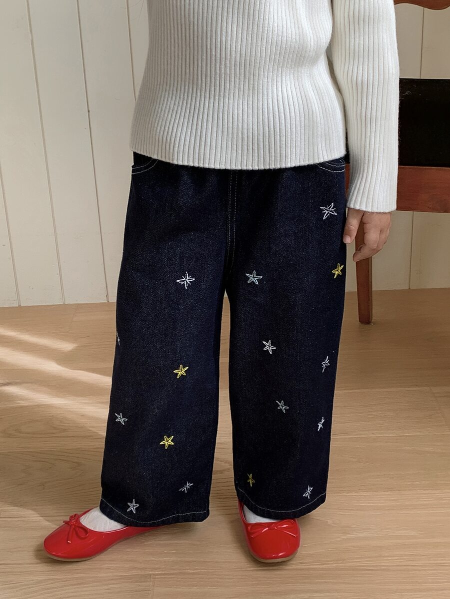 Dazy Kids Celana Panjang Denim Longgar Bersulam Bintang untuk Bayi/Balita (Perempuan) - Biru - View 1