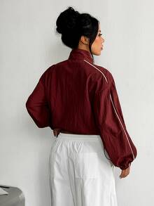 SHEIN Dewbera Women's Fashion Casual Colorblock Versatile Sports Jacket, Spring/Autumn Sports Jacket, Street Style Colorblock White Line Short Jacket - Brown - View 2