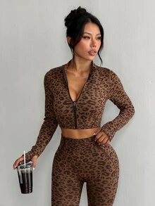 Dewbera Dewbera 2pcs Brown Leopard Print 2 Pieces Outfit Set, Zip Up Long Sleeve Crop Top With Thumb Hole & Flare Leg Pants, Slim Fit, Suitable For Fitness, Workout - Coffee Brown - View 6