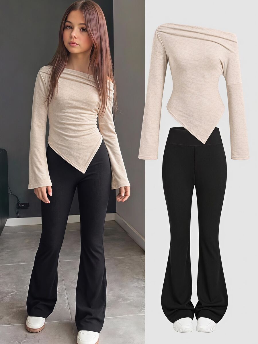 SHEIN Tween女孩休閒優雅時尚米色不對稱單肩打結純色T恤搭配黑色修身喇叭褲2件套，日常穿著，秋冬疊穿 - 黑與白 - 查看 1