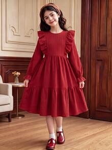 SHEIN Tween Girl Spring Autumn Tween Girl Winter Casual Vacation Elegant Fashion Woven Solid Color Round Neck Ruffle Hem Fitted Dress Tween Girl - Red - View 11