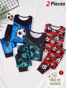 Boys' Autumn/Winter High Elasticity Snug Fit Colorful Football Print Long Sleeve Pajama Set, Cool Glow-In-The-Dark Design, Suitable For Outdoor Wear - Blue - View 6