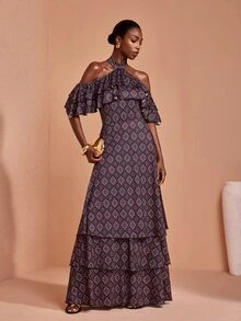 JIAN LASALA Knit Double Ruffle Layers Halter Neckline Multi Hemline Short Sleeve Long Dress Elegant - Multicolor - View 4