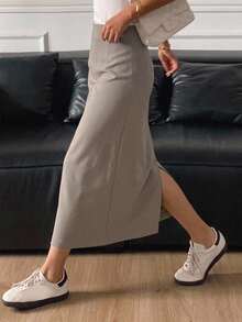 DAZY 女款純色優雅職場直筒開衩鉛筆裙，秋季裙子 - 卡其色 - 查看 8