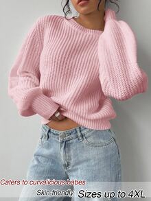SHEIN BASICS 大尺碼女款純色圓領長袖休閒傳統毛衣，秋季正式教師風白色居家穿著 - 粉色 - 查看 4