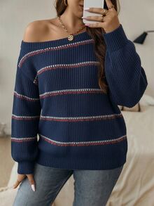 Calvaya Plus Size Women's Striped Asymmetrical Shoulder Casual Daily Long Sleeve Sweater - Multicolor - View 7