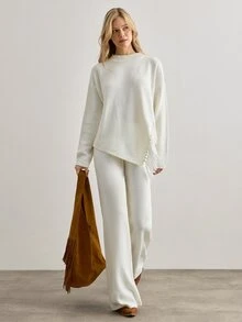SHEIN Women Round Neck Long Sleeve Fringe Hem Detailed Sweater And Sweater Pant 2pcs Set Co-Ords - White - View 6