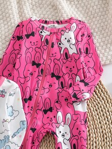 Autumn/Winter Knit Thin Round Neck Contrast Color Pink Cute Fun Elephant Colorful Balloon Little Rabbit Digital Print Popular Hot-Selling Pattern Long Sleeve Jumpsuit Zipper Design Slim Fit Comfortable Soft Fabric 2 Pieces Pajama Set Loungewear - Multicolor - View 6