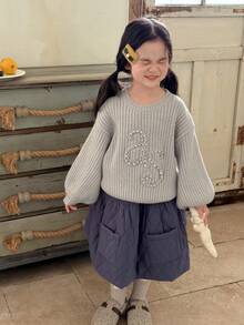 Dazy Kids Young Girl Rhinestone Decor Round Neck Drop Shoulder Long Sleeve Sweater - Grey - View 3