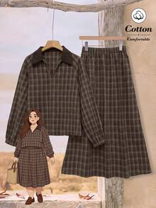 Rusticease Plus Size Minimalist Plaid Long Sleeve Top And Long Skirt 2 Pieces Set - Multicolor - View 4