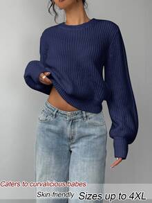 SHEIN BASICS 大尺碼女款純色圓領長袖休閒傳統毛衣，秋季正式教師風白色居家穿著 - 藏蓝色 - 查看 3