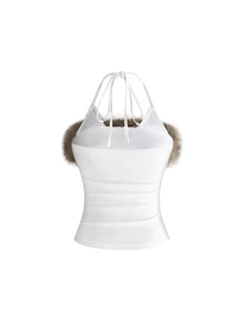 ROMWE Vintage Y2K Hot Girl 2 In 1 Halter Neck Patchwork Faux Fur Subculture New Chinese Style Leopard Print Fitted Tank Top - White - View 2