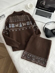 Dulcita Setelan 2 Potong Sweater Kerah Oversized Jacquard Fair Isle Cokelat Musim Gugur/Dingin - MultiWarna - View 2