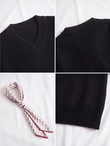 SHEIN كنزة نسائية مزينة بوشاح كاجوال متعددة الاستخدامات للارتداء اليومي - الأسود - مشاهدة 4