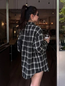DAZY 女款格紋領韓式長袖春秋襯衫 - 黑色 - 查看 2