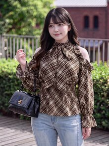 Bijouette 大尺碼休閒優雅度假風棕色格紋編織露肩上衣，柔軟面料，日系甜美風，收腰露背，約會之夜，秋季 - 棕色 - 查看 1