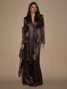 SHEIN BAE Women's Elegant Long Sleeve Jacket And Pants Suit Set - Brown - View 7