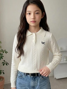 Dazy Kids Polo Collar Fitted Long Sleeve Basic Top, Autumn/Winter Girls (Large) Knit Top - Beige - View 7