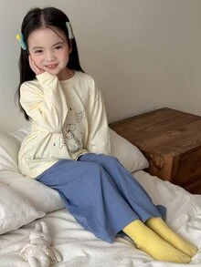 Dazy Kids 女童圓領長袖上衣與長褲休閒日常居家睡衣套裝 - 黃色 - 查看 2
