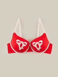 Bralution Plus Size Women's Bowknot Print Casual Daily Spaghetti Strap Bra - Red - View 1