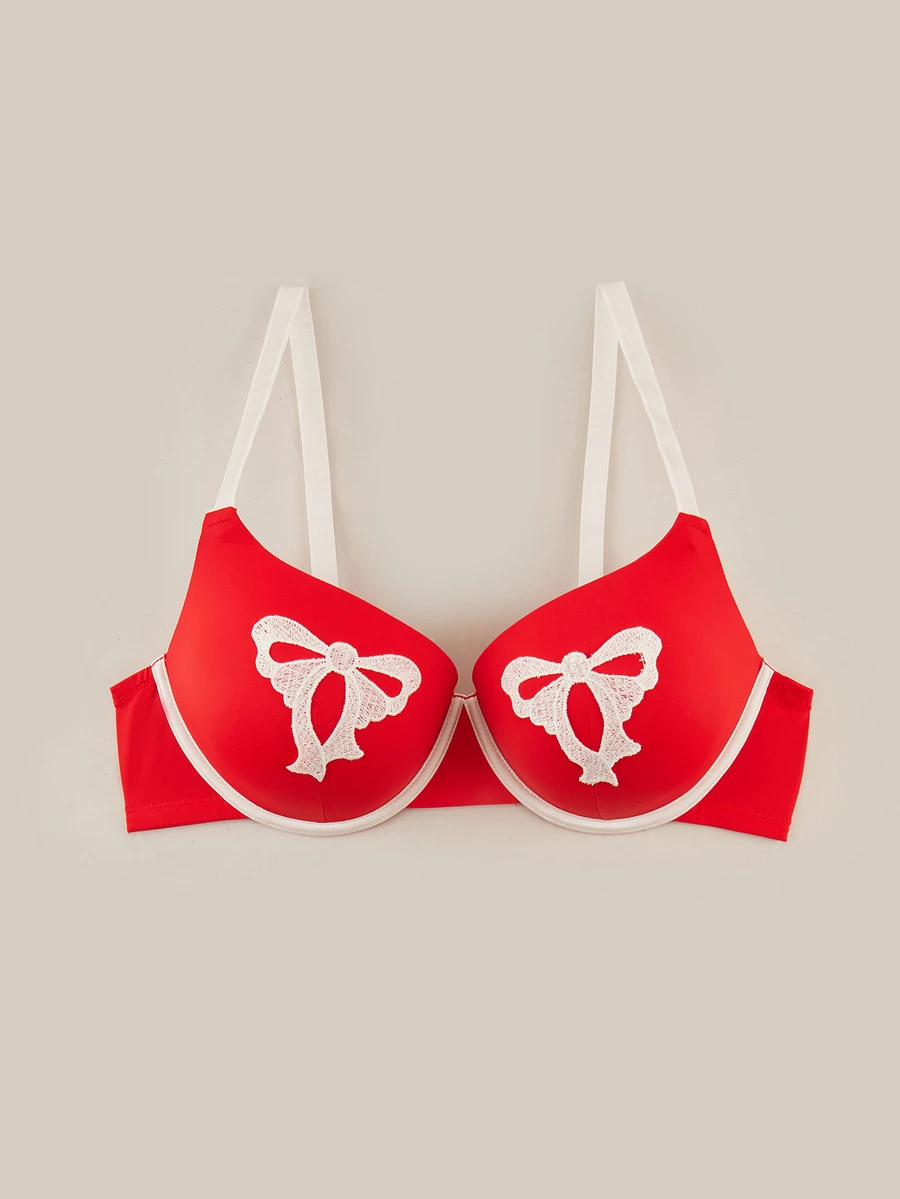 Bralution Plus Size Women's Bowknot Print Casual Daily Spaghetti Strap Bra - Red - View 1