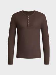SWAVVY Men's Solid Color Button Half-Placket Slim Fit Long Sleeve T-Shirt - Coffee Brown - View 3