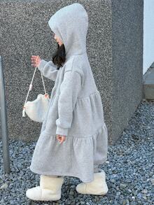 Dazy Kids Young Girl Solid Color Pleated Casual Daily Hooded Dress - Grey - View 5