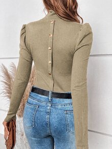 SHEIN Clasi 女款秋季簡約鈕扣裝飾泡泡袖高領長袖T恤 - 卡其色 - 查看 6