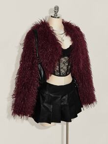 SHEIN ICON معطف فرو صناعي أنيق بأكمام طويلة مقاس كبير - عنابي اللون - مشاهدة 6