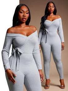 SHEIN SXY Plus Size Women Solid Color Off-Shoulder Long Sleeve Fitted Jumpsuit - Grey - View 2