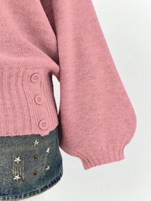 Sunspun Autumn/Winter Minimalist Solid Color V-Neck Side Button Waist Cinched Cropped Knit Pullover Sweater - Pink - View 3