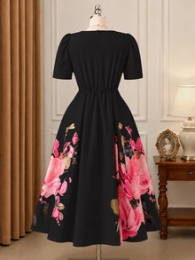Rometta Plus Size Women's Elegant Romantic Printed Round Neck Puff Sleeve Cinched Waist A-Line Dress, Summer Essential, Suitable For Dating, Vacation - Black - View 2