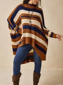 Nubod Áo len dệt kim dáng rộng cổ giả cổ kẻ sọc bất đối xứng phong cách vintage size lớn cho mùa đông - Nhiều màu - Xem 7